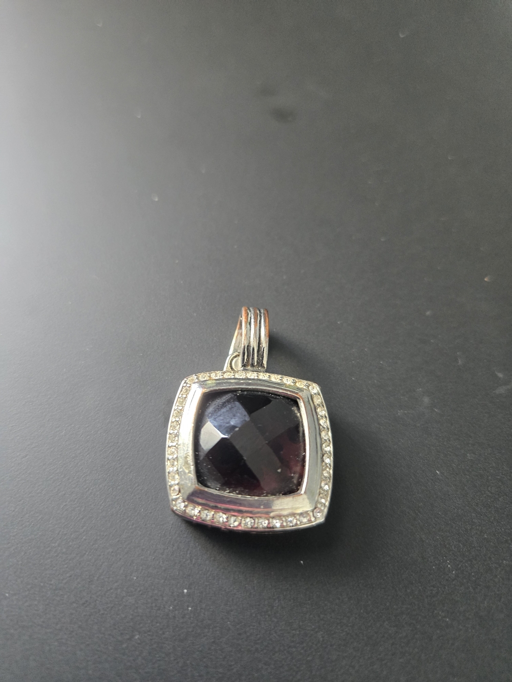 Sterling Silver Pendant with Smoky Quartz Cushion Gem and Pavé Accents.